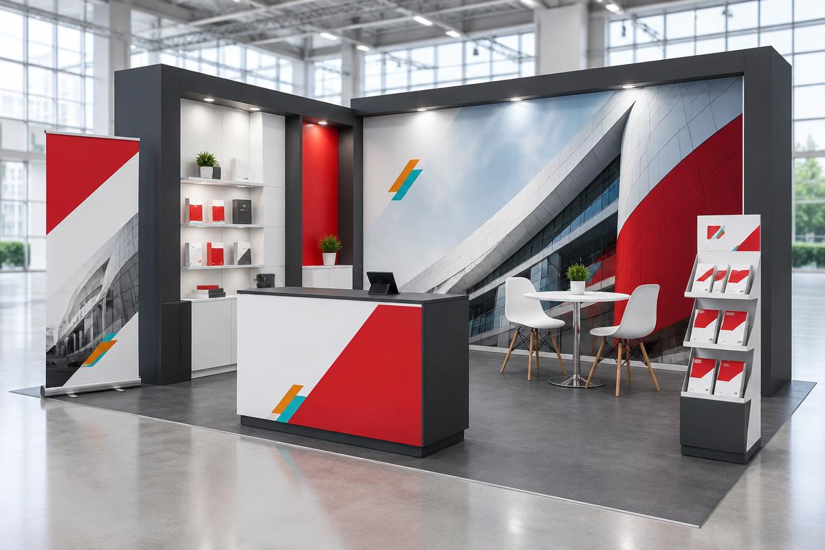 Stand événementiel avec comptoir, roll-up et présentoir