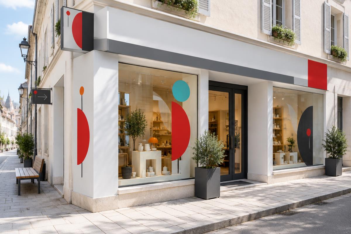 Façade commerciale avec enseigne, vitrine habillée et signalétique coordonnée