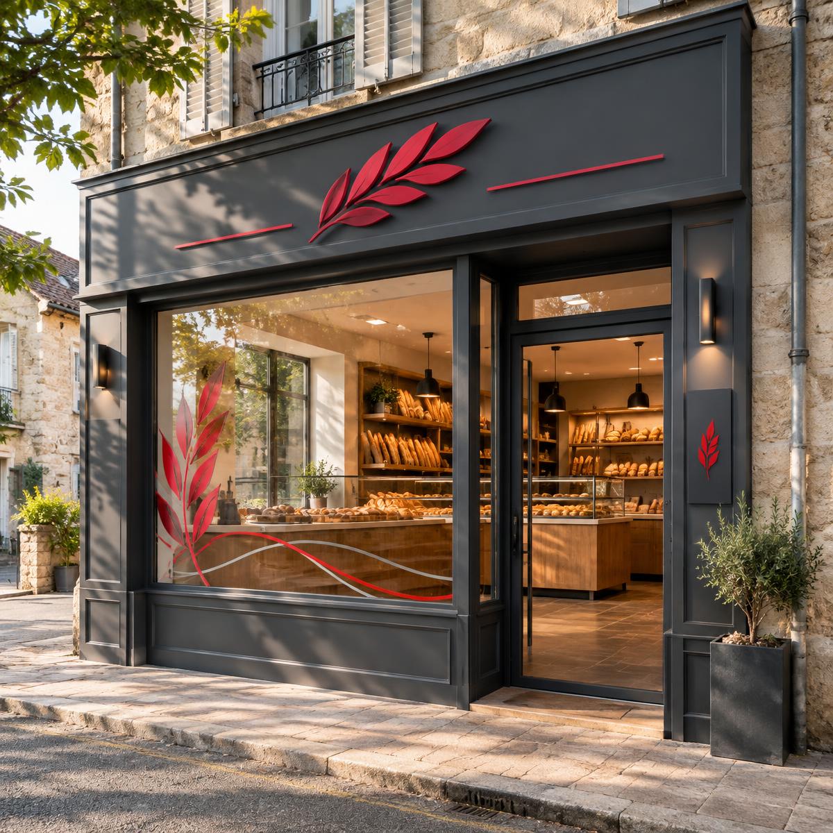 Devanture d'une boulangerie avec enseigne et vitrophanie coordonnées