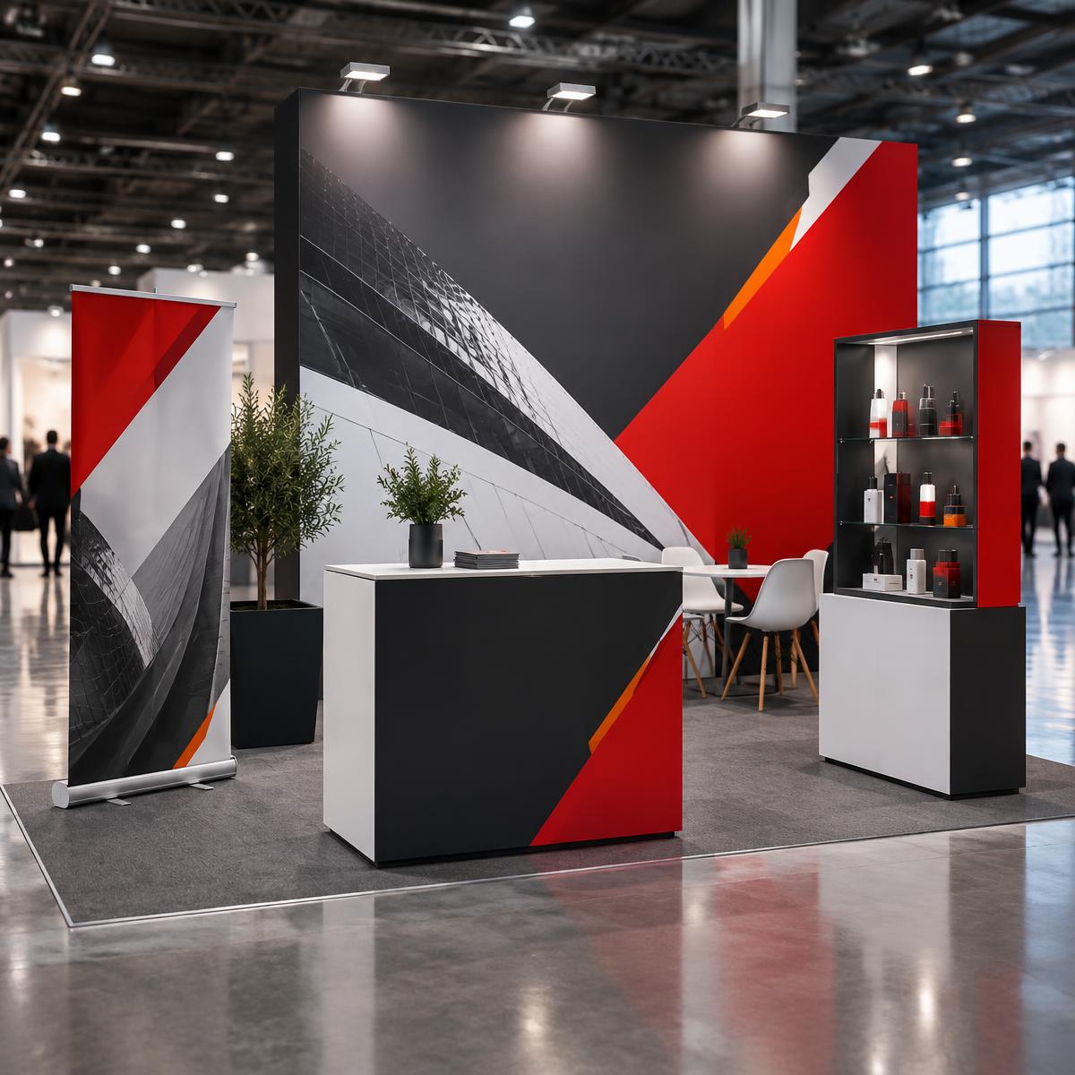 Stand professionnel avec comptoir et supports grand format