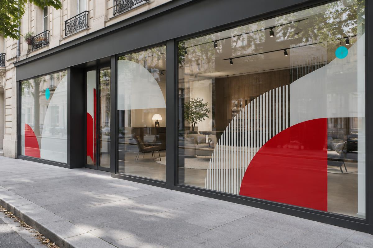 Vitrine de showroom habillée de formes graphiques