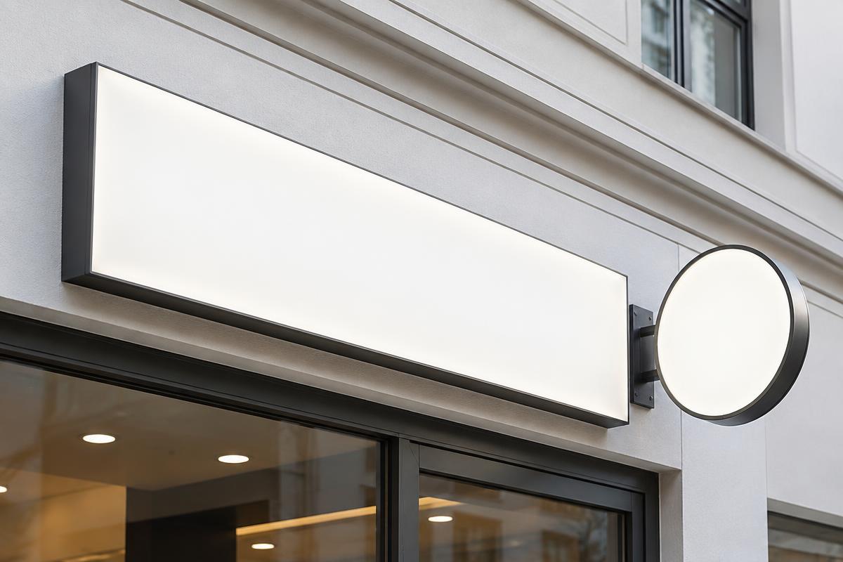 Enseigne lumineuse et caisson sur une façade contemporaine