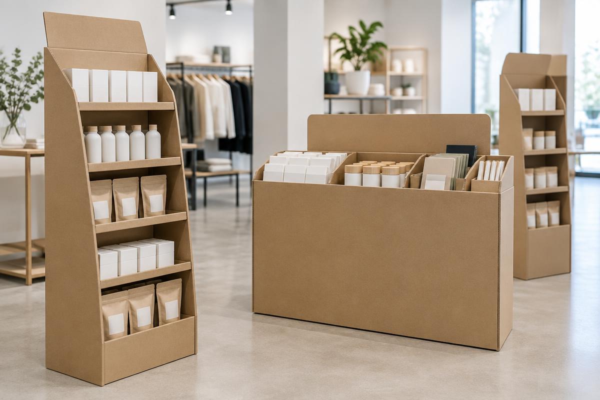 Présentoirs carton et PLV de comptoir en magasin