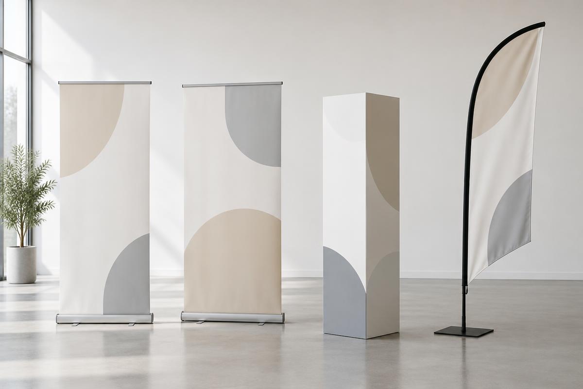 Roll-ups, totem et beach flag dans un espace lumineux