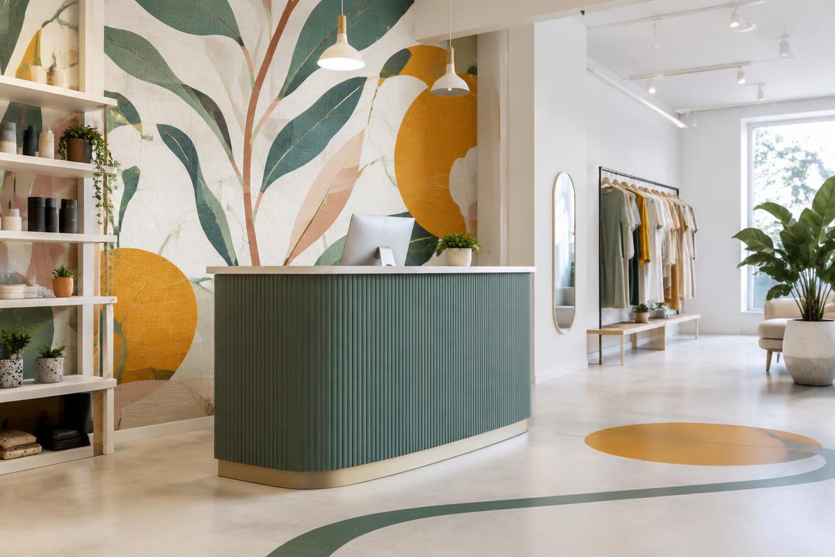 Intérieur de boutique avec mur décoré, comptoir habillé et marquage au sol