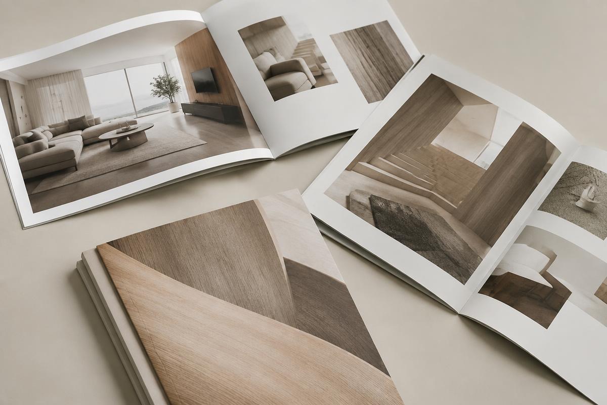 Brochures et catalogue ouverts sur une table claire