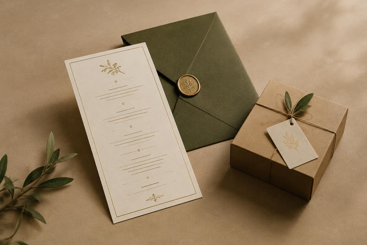 Menu, invitation avec enveloppe et petit packaging