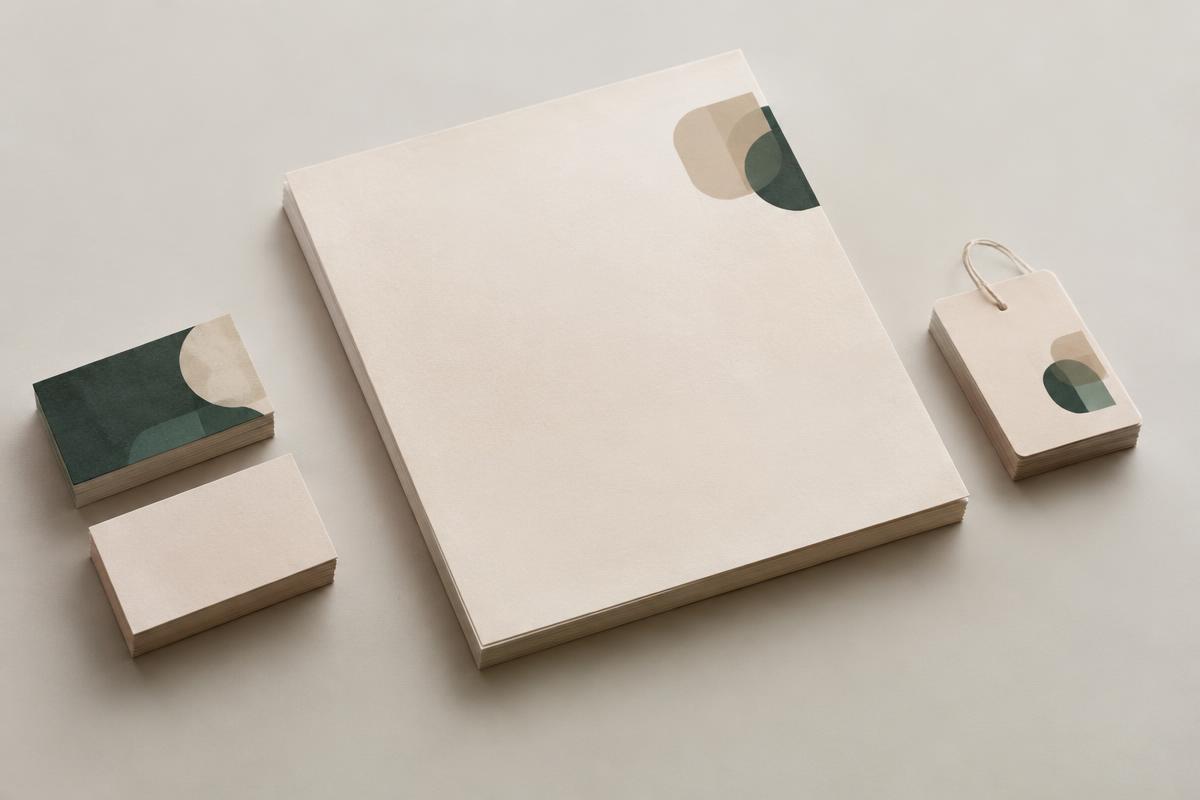 Cartes de visite, papier en-tête et étiquettes sur fond neutre