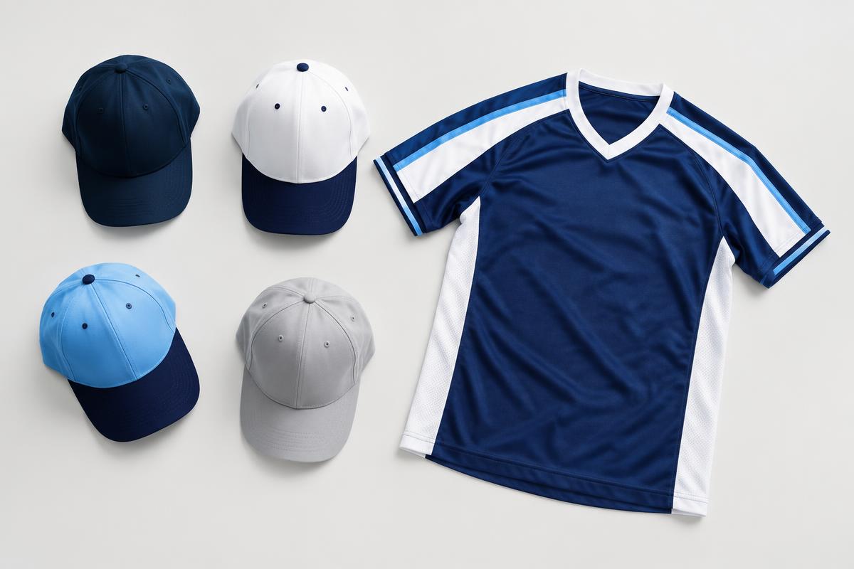 Casquettes et maillot sportif présentés à plat